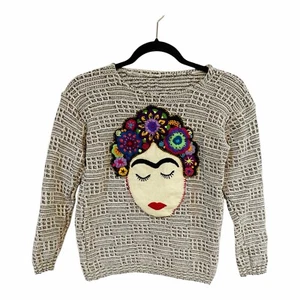 Frida Kahlo Felt Appliqué Mexican Art To Wear Textured Sweater Girl/Women C21 - Picture 1 of 5