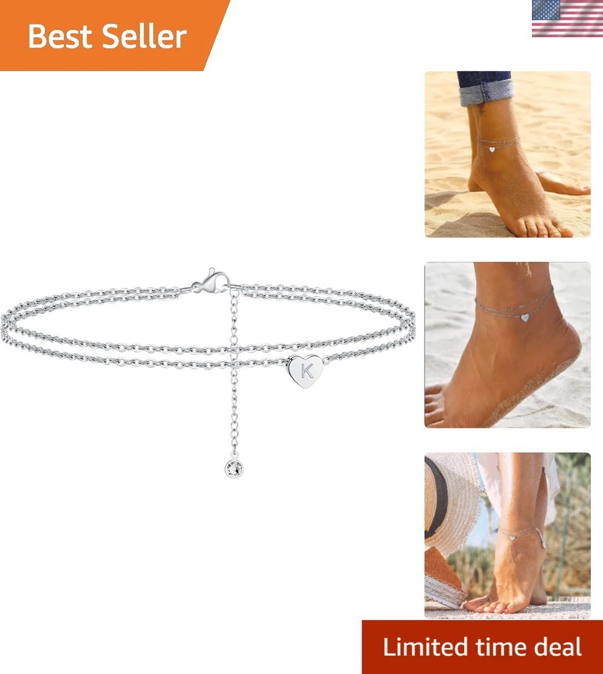 Brazalete al tobillo de plata relleno de oro blanco de 14K hecho a mano con dije inicial de corazón Foto 1 de 4