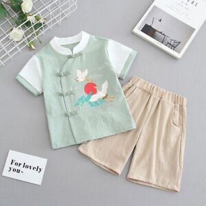 2x Kids Boys Hanfu Tang Suit Chinese Traditional Short Sleeves Shirt Shorts Cute