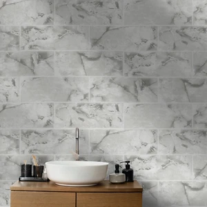 Papel pintado de azulejos de mármol Odeón cocina baño baldosa Holden 89391 gris paloma - Imagen 1 de 3