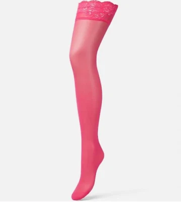 NUEVO CON ETIQUETAS Versace Pasarela Rosa Encaje Ribete Muslo Alto Elastizado Transparente Medias Calcetines M $450 Foto 1 de 4