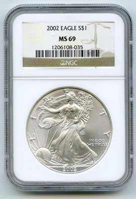 2002 American Eagle 1 Oncia Argento Dollaro NGC MS69 Certificato Lingotto - P608 - Immagine 1 di 2