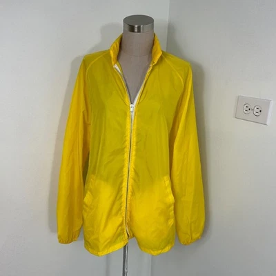 Chaqueta cortavientos vintage Sears ligera de nailon con capucha cremallera completa amarillo brillante L Foto 1 de 4