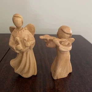 2-Olive Wood Angel Figurines, Angel Wings Playing Instruments - Picture 1 of 5