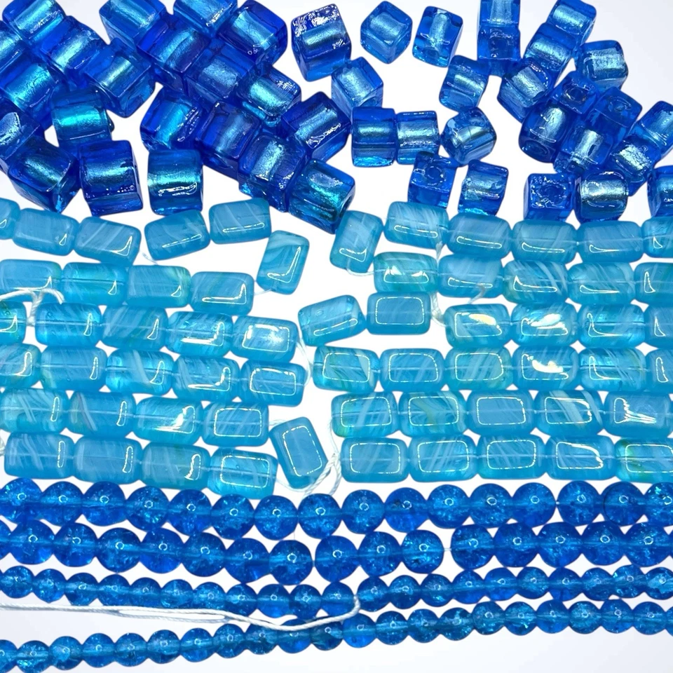 Czech Glass Beads Lot Blue Crackle Round Square Pressed Rectangle Swirl 6 - 12mm - Image 1 of 4
