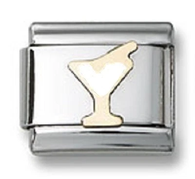 Pulsera Italiana Dije Eslabón Martini Vidrio Blanco Esmalte 9mm Acero Inoxidable 18K Foto 1 de 2