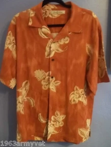 Men's Tommy Bahama Medium Orange & Brown Hawaiian or Floral S/S Silk Camp Shirt - Picture 1 of 3