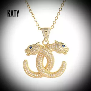 Blue Eyes 2 Dragon Gold Tone Pendant Micro Pave Diamante Crystal Necklace Gift  - Picture 1 of 6