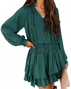 Women's Cotton Long Sleeves V Neck Layered Ruffles Pleated Swing Mini Dress S... - Picture 1 of 6