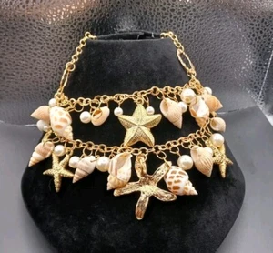 New Marked Betsey Johnson Beach Shell Pearl Goldtone Necklace - Picture 1 of 6
