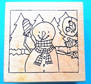 SNOWMEN Rubber Stamp PHOTO BOMBS SNOWMAN Waving Winter Scene HUMOR Designer RARE - Picture 1 of 4