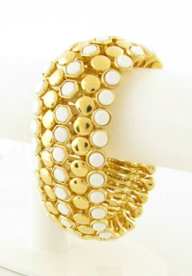 LAUREN Ralph Lauren Pebble White & Gold Plated Wide Stretch Bracelet NWT $78 - Image 1 of 4
