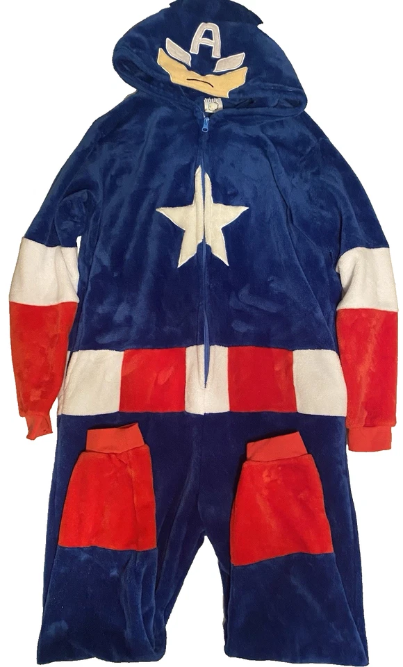 Hoodie Captain America Pajamas one piece Plush 5'5" to 5'9" height fit Marvel - Image 1 of 4