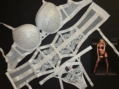 Victoria's Secret 34DDD бюстгальтер комплект + подвязки ремень + стринги белый слоновой кости серебряная фольга свадебный - Изображение 1 из 4