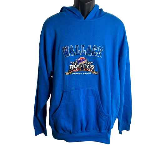 2005 Rusty Wallace Last Call Hoodie Sweatshirt L Blue Embroidered Fleece Pocket Cover