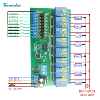 DC 12V 24V 8CH DIN35 C45 UART RS485 Relay Module Modbus RTU Control Switch Board - Image 1 of 4