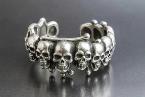 Skull & Crossbones Ring 925 Sterling Silver Punk Biker Band Size 7 Adjustable  - Picture 1 of 5