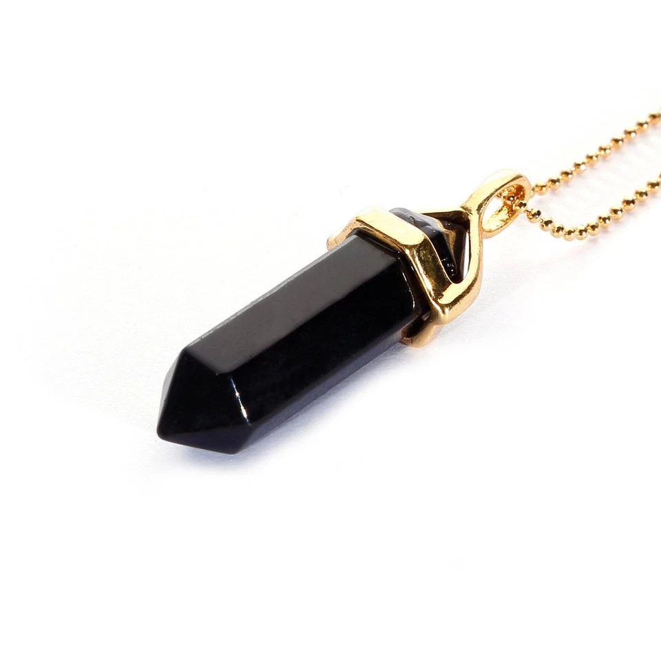 Black Obsidian Pendulum Pendant Healing Point Size 40x8mm Gold Chain - Image 1 of 1