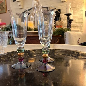 Krosno Poland Sektgläser 3er Set mehrfarbig Stiel 10" glitzernde Flöten - Bild 1 von 13