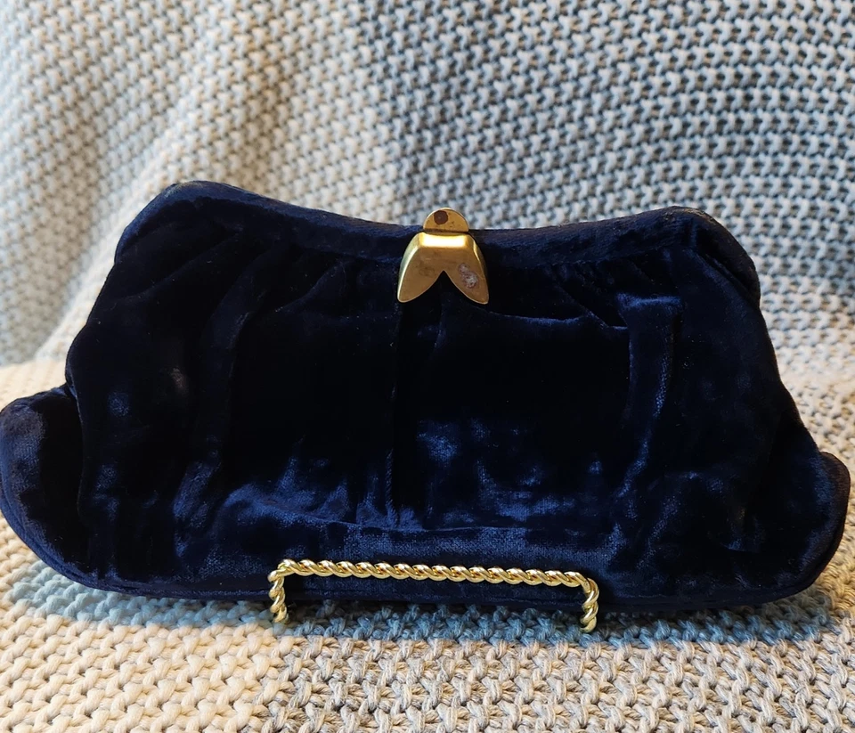 Bolso sin asas exclusivo de noche L and M Spot-Lite terciopelo azul marino vintage años 50/60 Foto 1 de 4