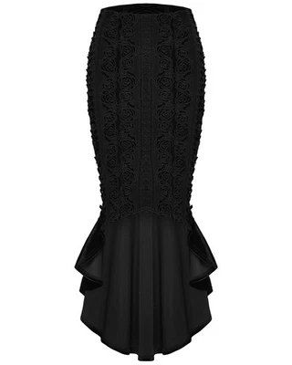 Punk Rave Womens Baroque Gothic Rose Lace Embroidery Velvet Fishtail Skirt Black - Image 1 of 4