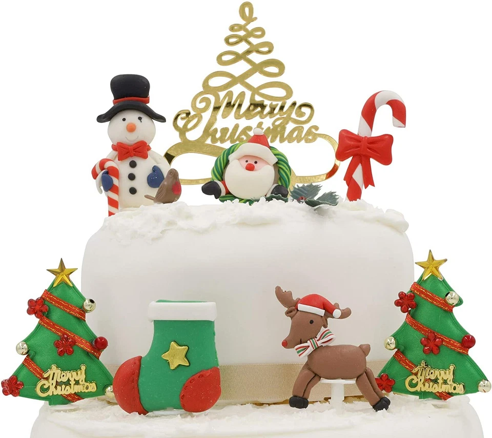 EVELAY LTD 10 PIECE DELUXE SET Merry Christmas Cake Decorations yule log cupcake toppers