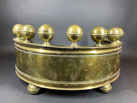 Petite Antique 1800s English Curved Brass Fireplace Fender w 11 Ball Finials Cover