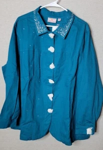 Quacker Factory Denim Rhinestone Emblemished Jacket Green Women's Plus 3X NWT - Picture 1 of 8