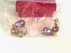 NEW AVON Gold Tone w Purple Green, Pink Faux Crystal Rhinestones Dangle Earrings - Picture 1 of 5