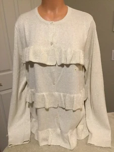 ANN TAYLOR Ivory W/Gold Flecks Cardigan Sweater. Front Ruffles. Size XL. NEW. - Picture 1 of 5