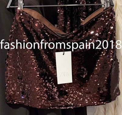 ZARA NEW WOMAN LOW RISE SEQUIN MINI SKIRT FLORAL DARK BROWN XS-XXL  4772/514/716 - Image 1 of 2