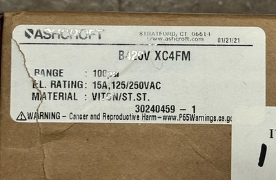 ASHCROFT B420V XC4FM B SERIES NEMA 100PSI 15A PRESSURE SWITCH NEW IN BOX - Image 1 of 3
