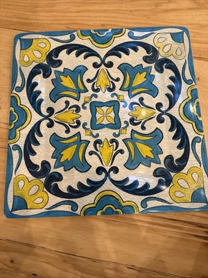 Cynthia Rowley Floral Flowers Abstract Dark Light Blue Green White Melamine Tray - Image 1 of 4