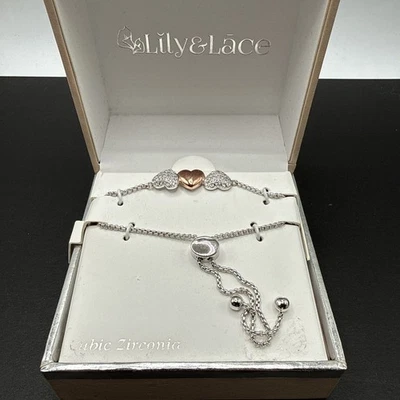 Pulsera Ajustable Corazón Lirio Y Encaje En Caja Lazo Plateado Tono Dorado J57 Foto 1 de 4