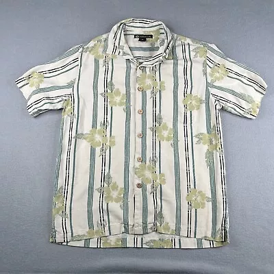 Duke Kahanamoku Shirt Silk M Ivory Green Striped Camp Button Up Short Sleeve - Image 1 of 4