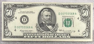 1969 Cleveland $50 Dollar Bill Fr. 2114-D FRN  D00755568A 50BL57 LOW SER. NO.!! - Image 1 of 2