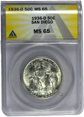 1936-D ANACS MS65 San Diego Classic Silver Commemorative Half with Great Luster - Image 1 of 2