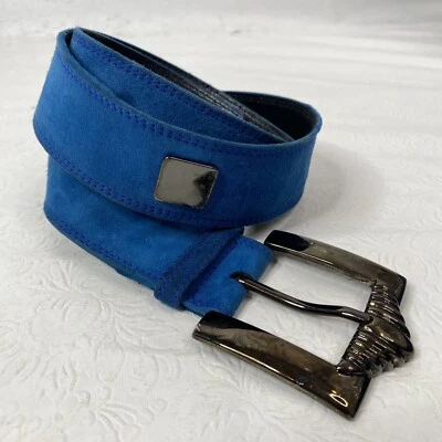 READ Vintage ESCADA Blue Suede Belt Studded w Silver Tone Buckle Size 42 Italy - Image 1 of 4