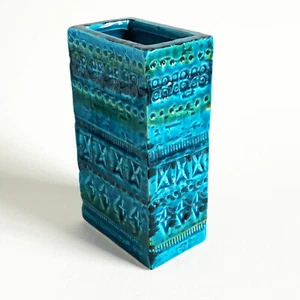 Vintage MCM italienische rechteckige Vase Aldo Londi Bitossi Rimini blau Kunstkeramik - Bild 1 von 10