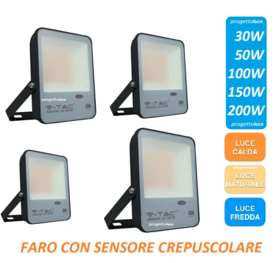 V-TAC SAMSUNG FARO LED FARETTO CON SENSORE CREPUSCOLARE FREDDO NATURALE CALDO ESTERNO 30W 50W