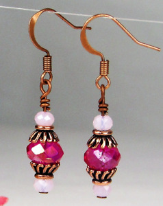 Faceted Crystal Antique Copper Capped Dangle Earrings Suitable HANDMADE Hot Pink