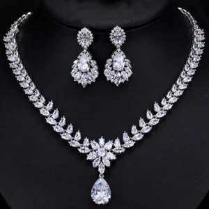 Impresionante Conjunto de Collar Pendientes Gota de Agua Hoja de Circonita cúbica Damas Baile Fiesta Joyería - Imagen 1 de 11