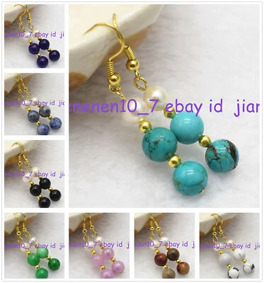 Natural 7-8mm White Pearl&multicolor 8mm Round Gems Beads Golden Hook Earrings - Image 1 of 4