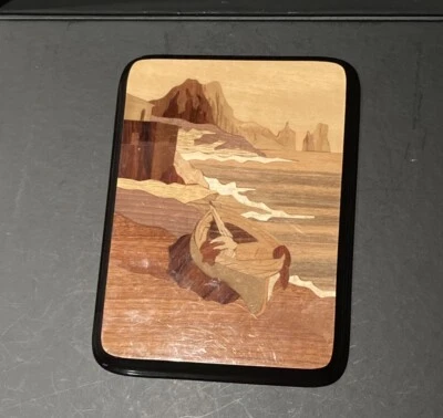 Marquetry Coastal Italy Rowboat Picture Vintage Inlaid Inlay Wood - Image 1 of 4