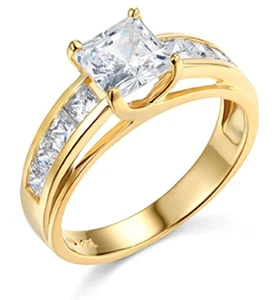 3 Ct Princess Brilliant Cut Engagement Wedding Ring Trellis Real 14K Yellow Gold - Picture 1 of 3