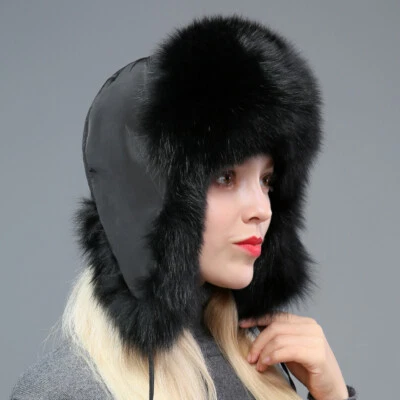 Womens Real Fox Fur Hat Russian Ushanka Hats Trapper Hat Warm Ski Aviator Hat - Image 1 of 4