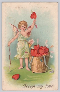 Cupid with Basket of Hearts – Embossed Valentine Postcard Germany - Picture 1 of 3