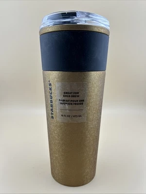 New 2021 Starbucks Gold Crackle Marble 16oz Travel Tumbler Black Rubber Grip - Image 1 of 4