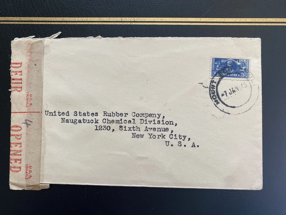 SOUTH AFRICA 1943 Cover to USA, Violet Coat of Arms Censor Mark & S.A.S.A Cachet - Image 1 of 4