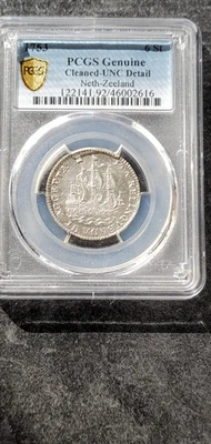 NETH-Zeeland 1753 6 Stuivers Scheepjesschelling. PCGS UNC Details JBC 616 - Image 1 of 4